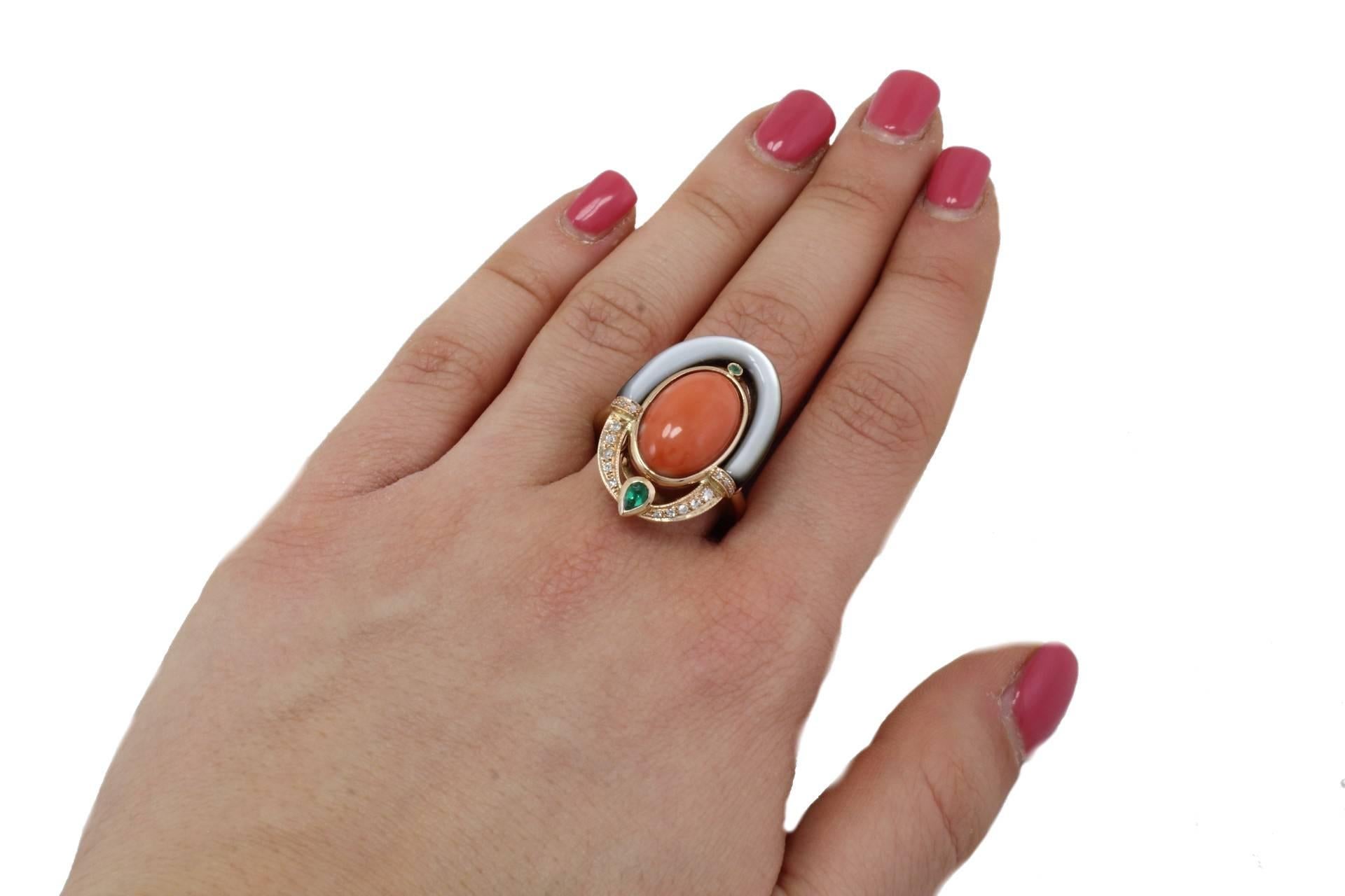  Diamonds Emerald Mother-of-Pearl Coral Fashion Gold Ring 3