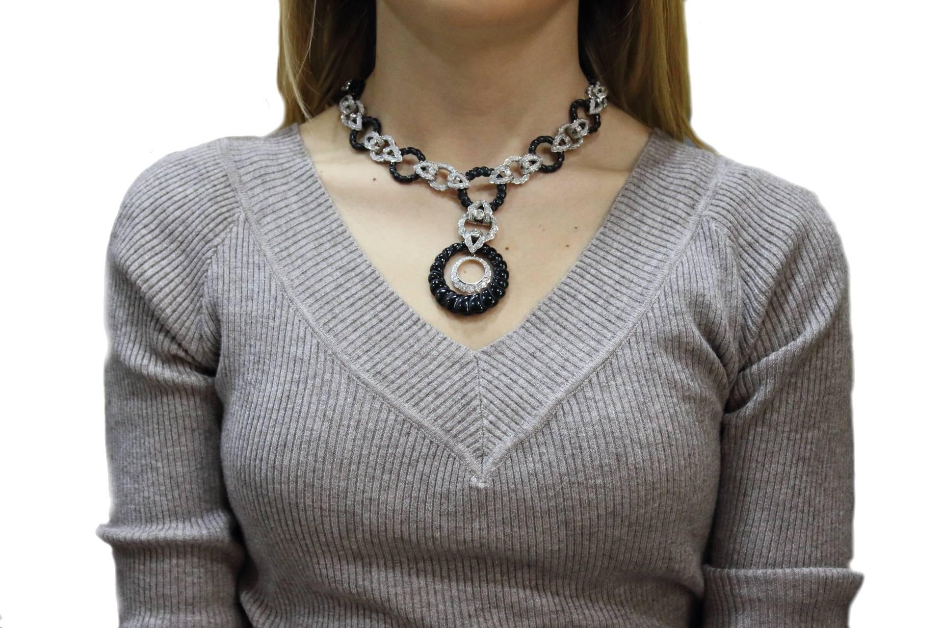 Diamond Onyx Link Gold Necklace In Good Condition In Marcianise, Marcianise (CE)