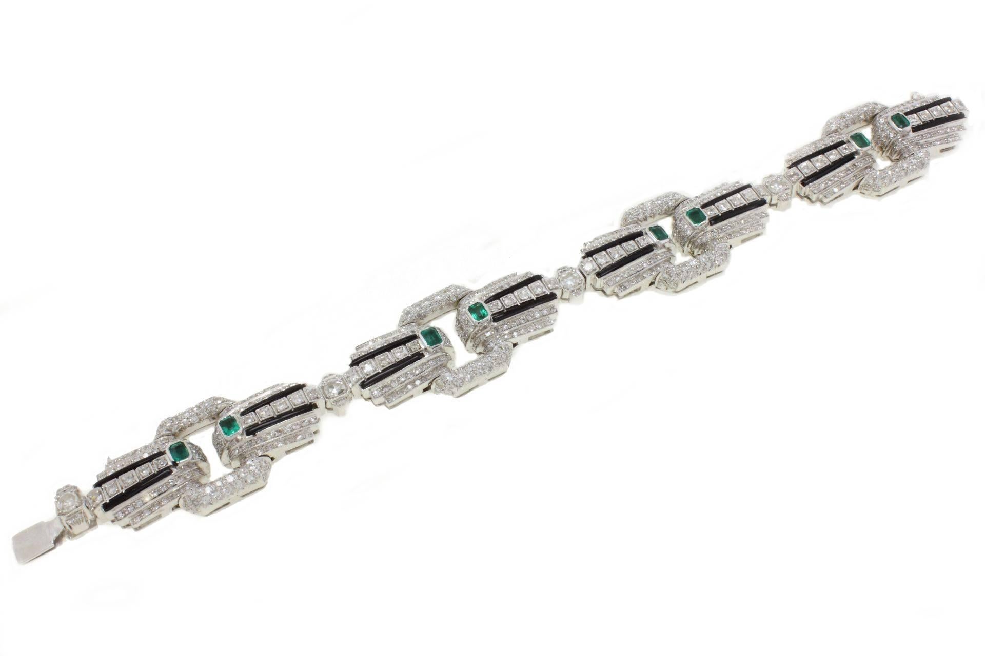 Retro Diamond Onyx Emerald Link Gold Bracelet
