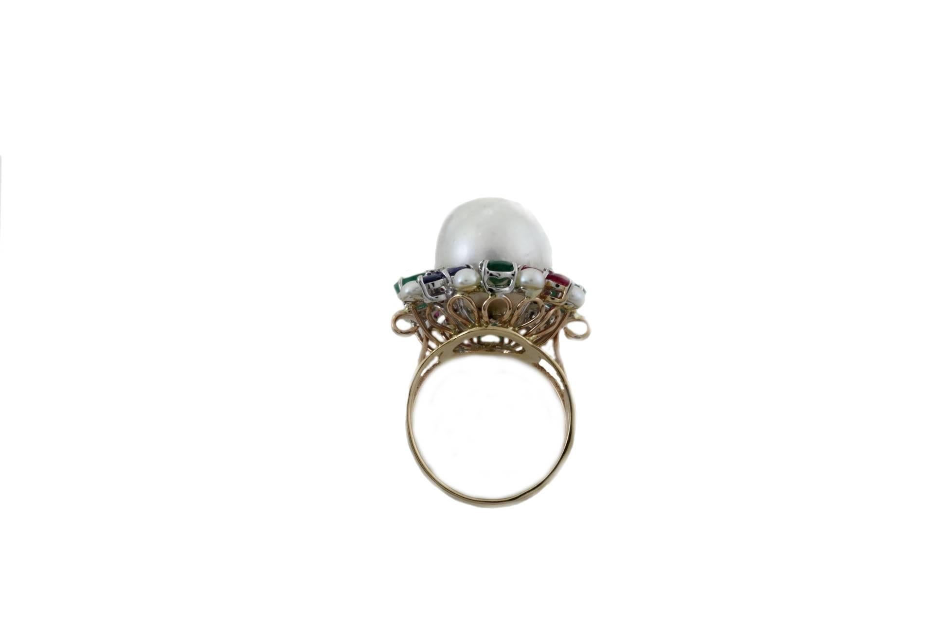  Diamond  Australian Pearl Sapphire Ruby Emerald Gold Ring In Good Condition In Marcianise, Marcianise (CE)