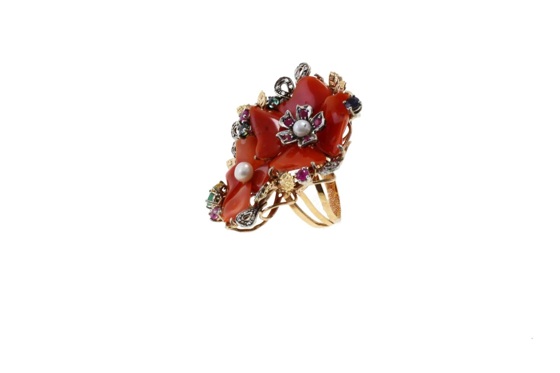 Retro  Coral Flower Multi Stones Pearl Gold and Silver  Ring
