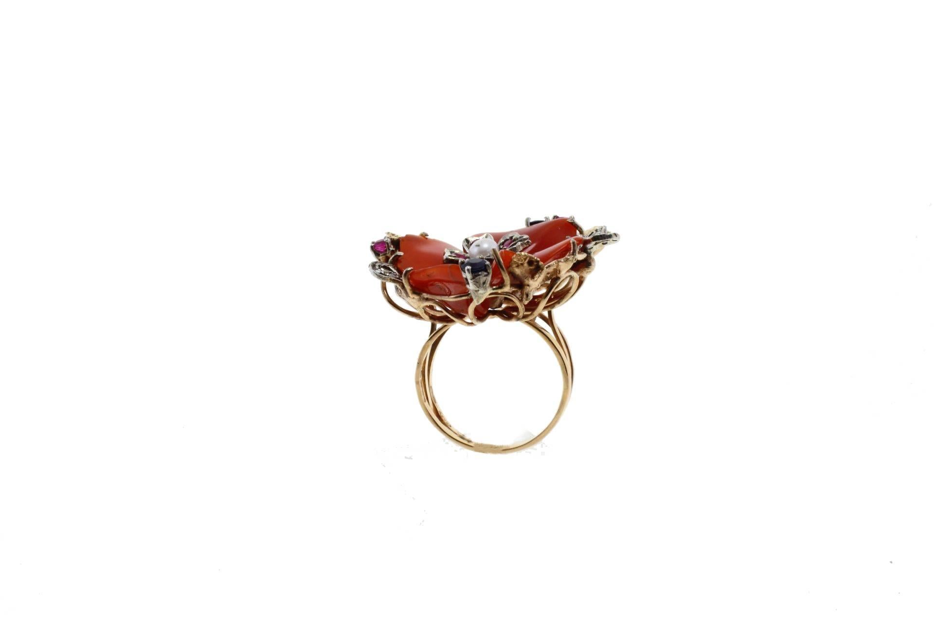  Coral Flower Multi Stones Pearl Gold and Silver  Ring In Good Condition In Marcianise, Marcianise (CE)
