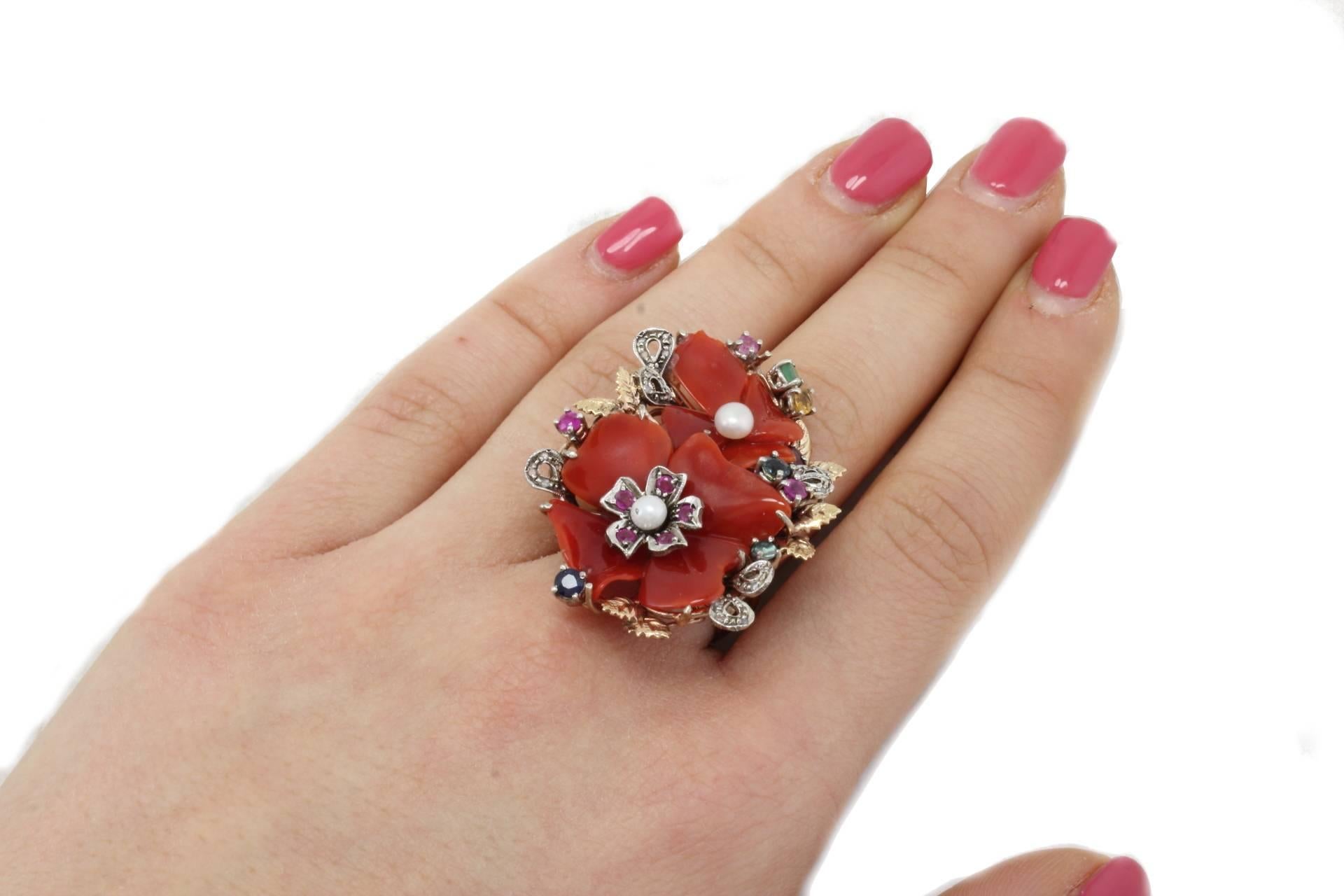 Women's  Coral Flower Multi Stones Pearl Gold and Silver  Ring