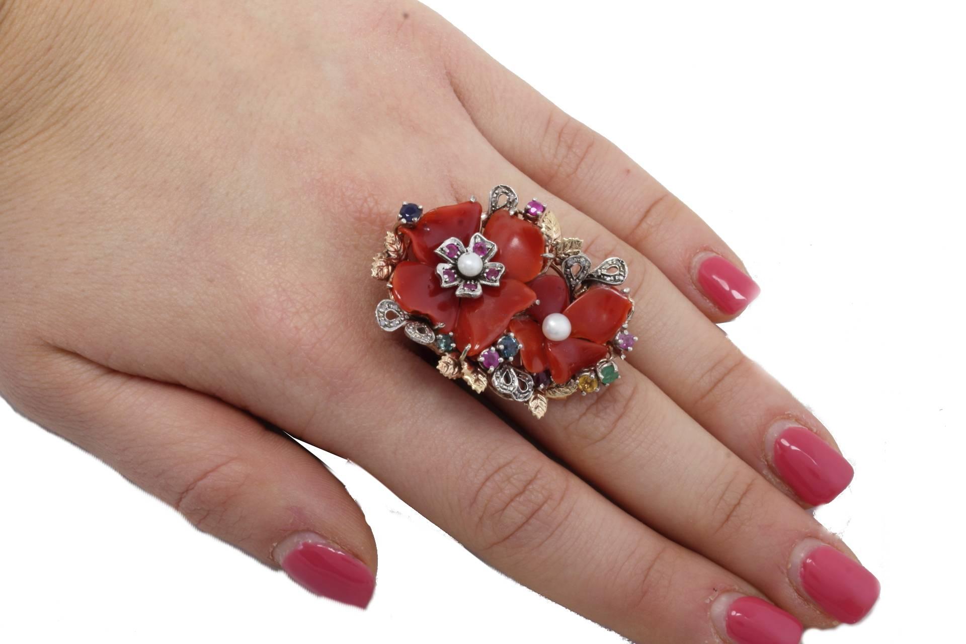  Coral Flower Multi Stones Pearl Gold and Silver  Ring 1