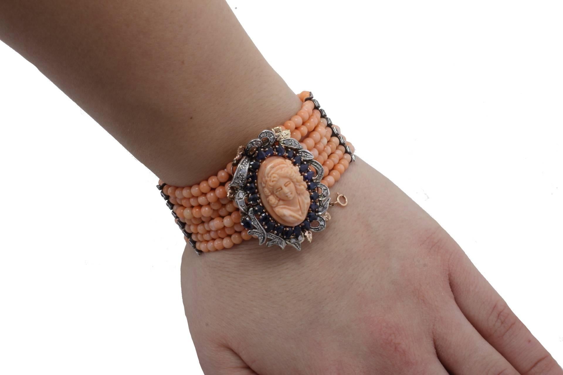 Mixed Cut Corals Sapphire Diamond Gold  and Silver Bracelet