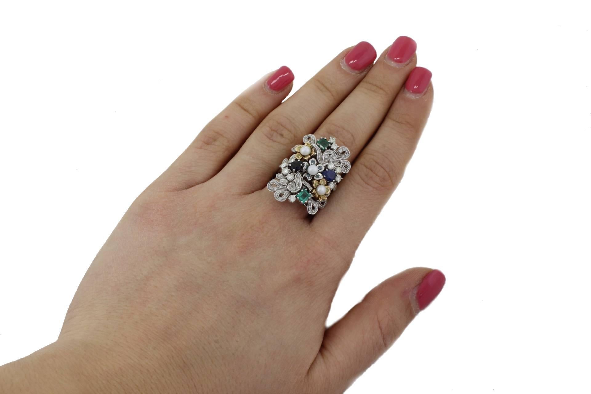 Diamant Perle Edelsteine Gold  Ring im Zustand „Gut“ im Angebot in Marcianise, Marcianise (CE)