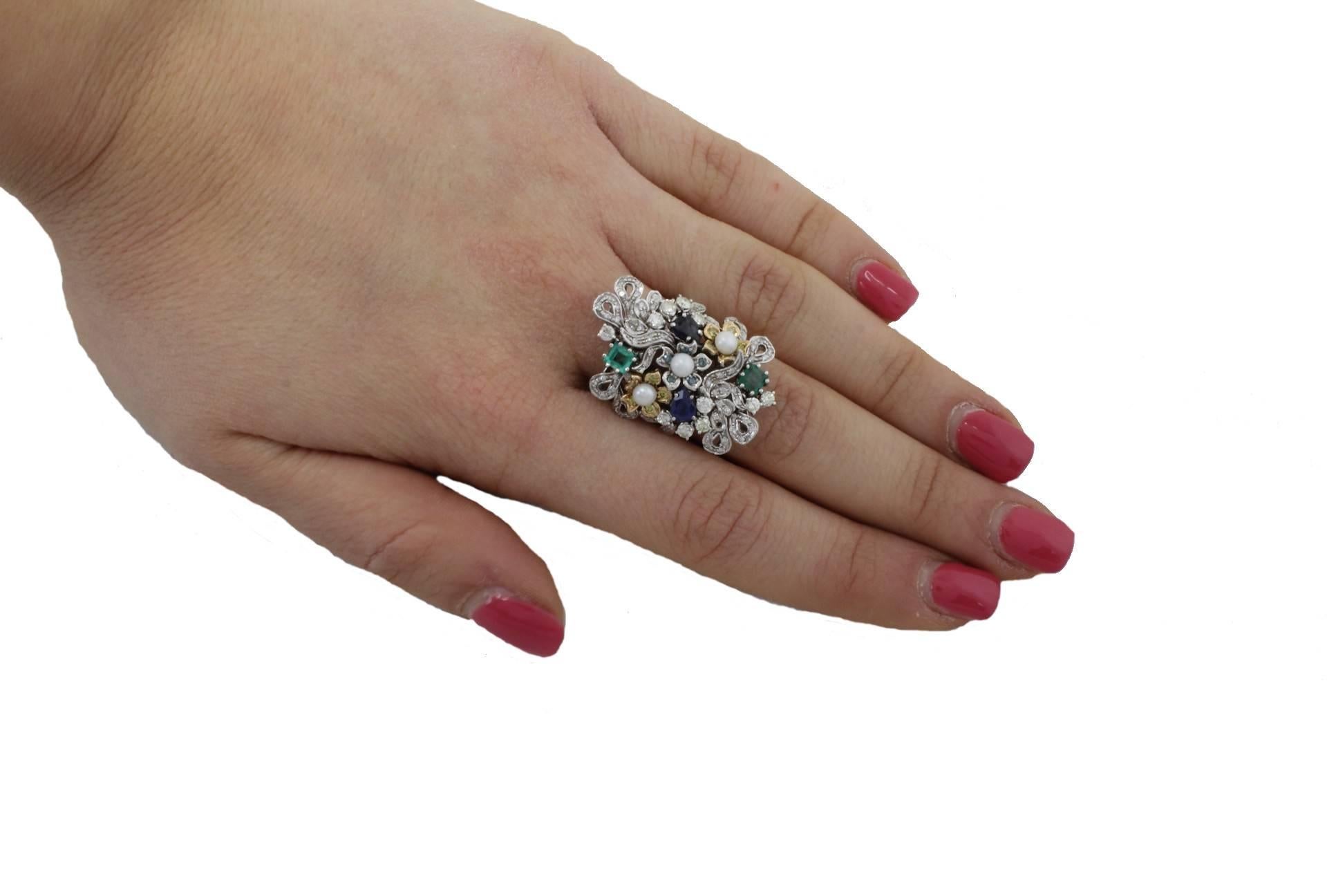 Diamant Perle Edelsteine Gold  Ring Damen im Angebot
