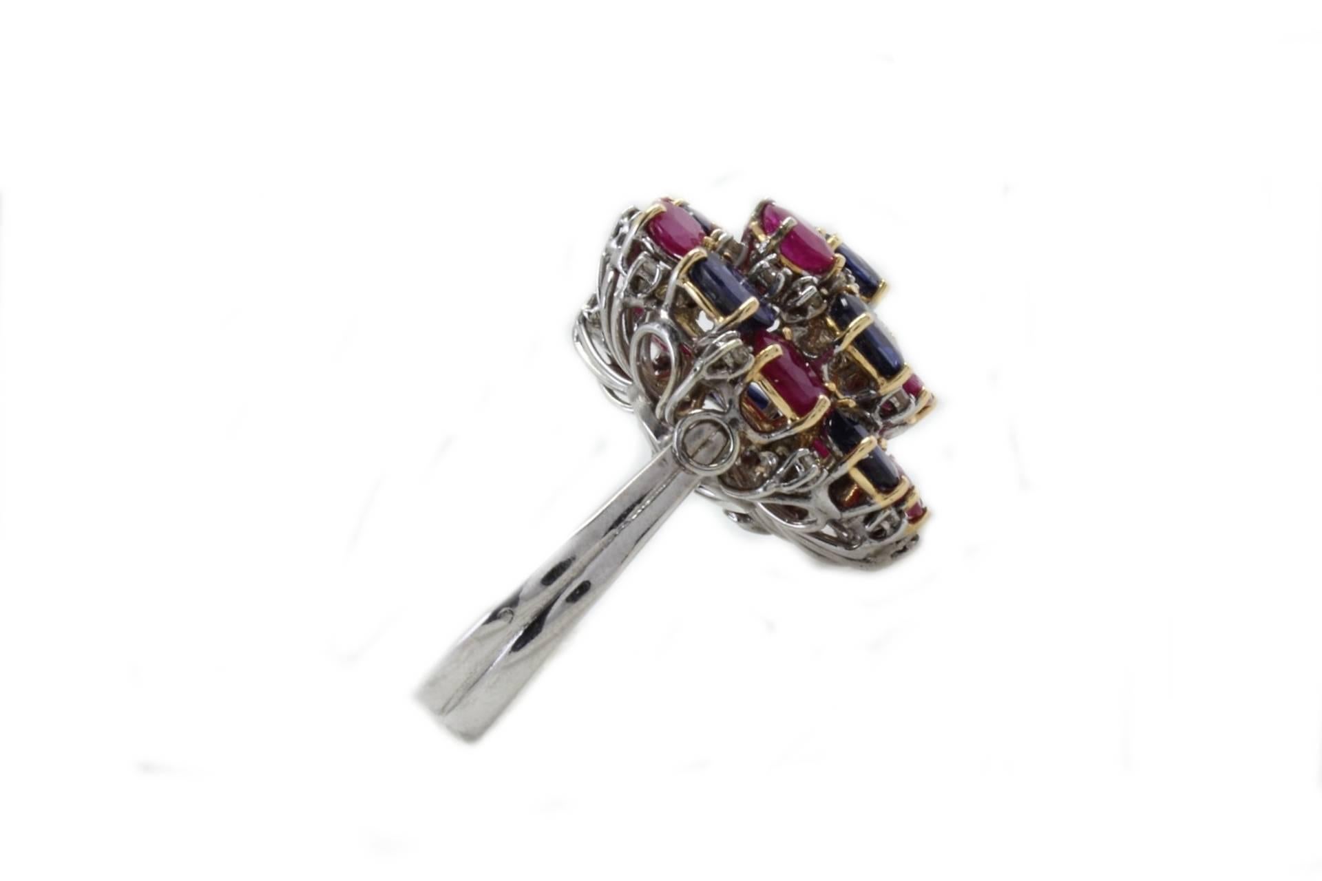 A twist of blue sapphires and rubies composes this ring together with shiny diamonds. All in 18Kt white gold and details in 18Kt yellow gold.

blue sapphires and rubies(9.92Kt)
diamonds(0.40Kt)
Tot. weight 14 gr.
R.f.624553
