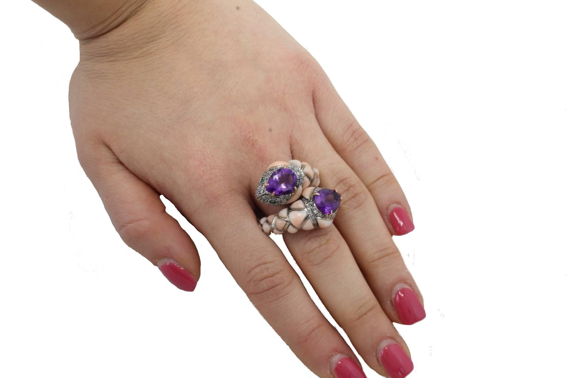 Amethyst Corals Diamond Emerald Snake Gold and Silver Ring In Good Condition For Sale In Marcianise, Marcianise (CE)