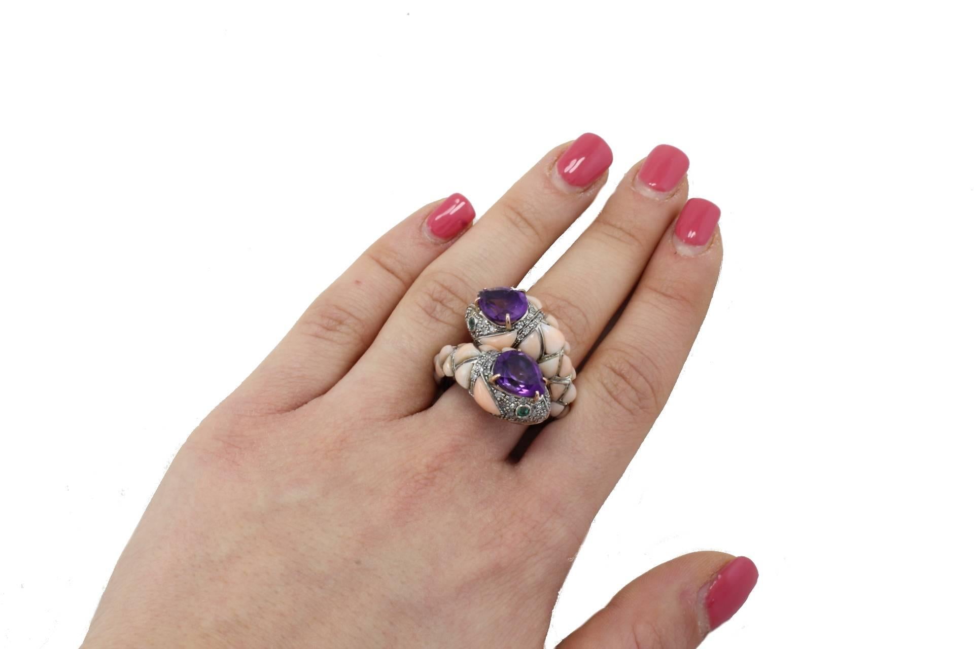 Women's Amethyst Corals Diamond Emerald Snake Gold and Silver Ring For Sale