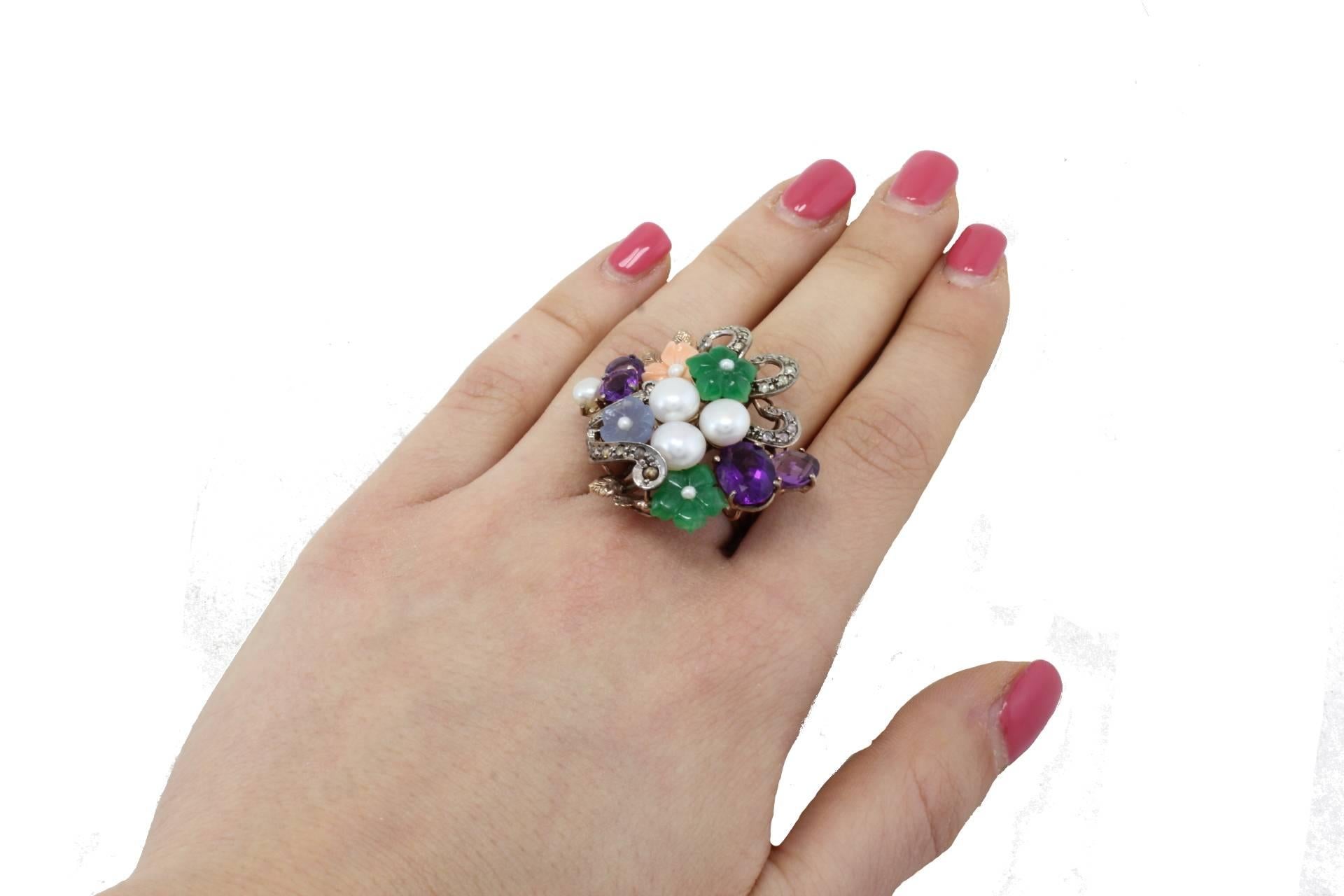 Women's Amethyst Diamond Pearl Gold Ring