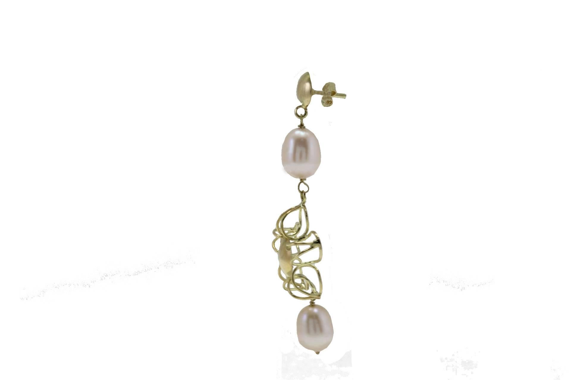 Retro  Yellow Gold Pearl Dangle Earrings For Sale
