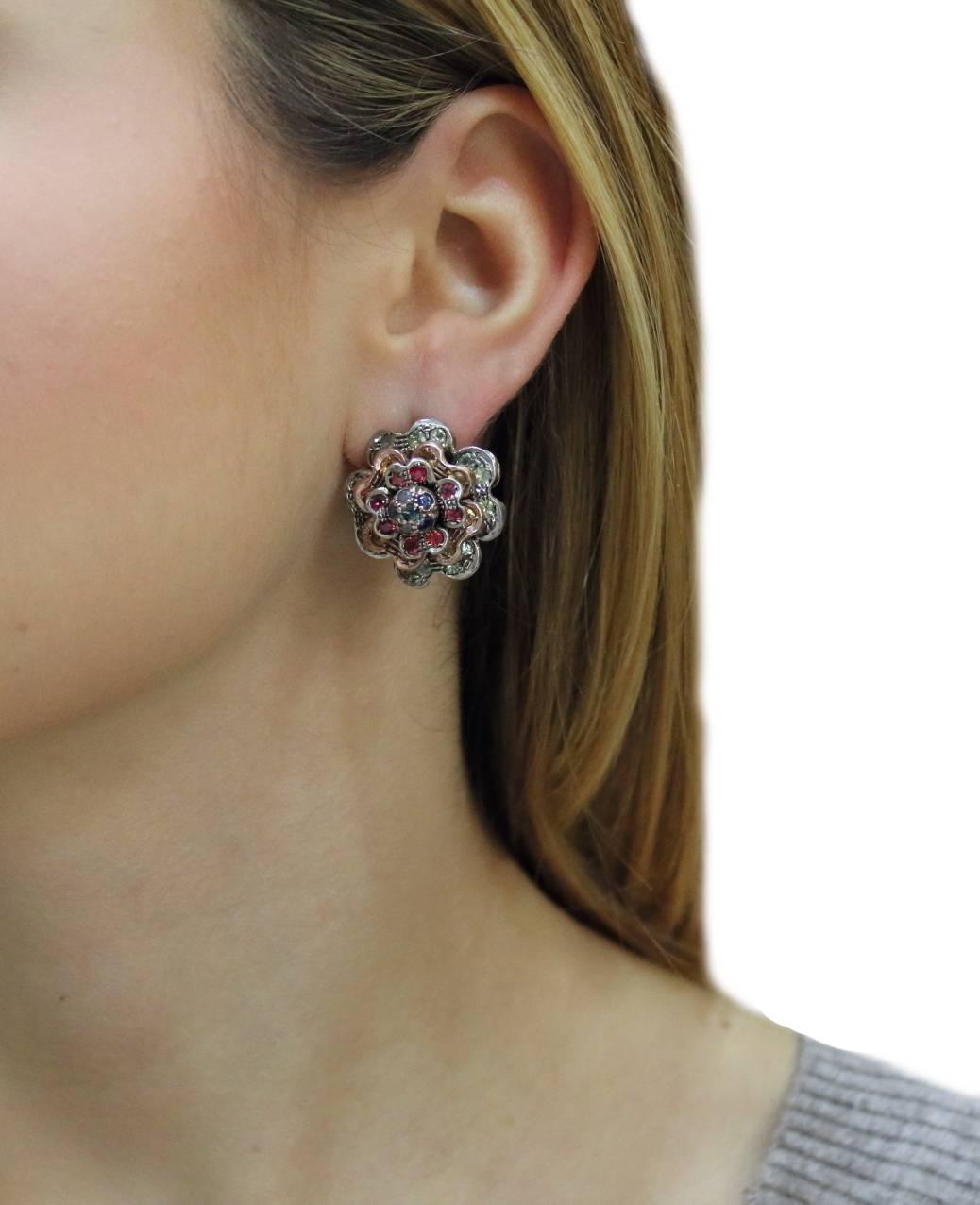 KT 9, 17 sapphire multicolor, rose gold and silver Earrings 1