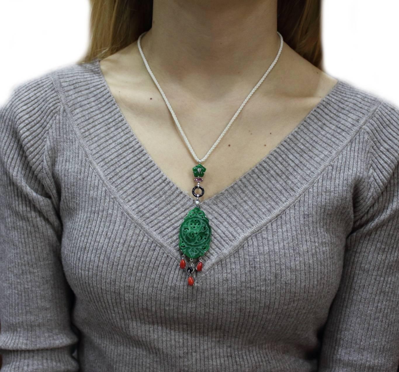 Retro  Green Agate, Red Coral , Onyx, Ruby, Diamonds Gold and Silver Pendant Necklace For Sale
