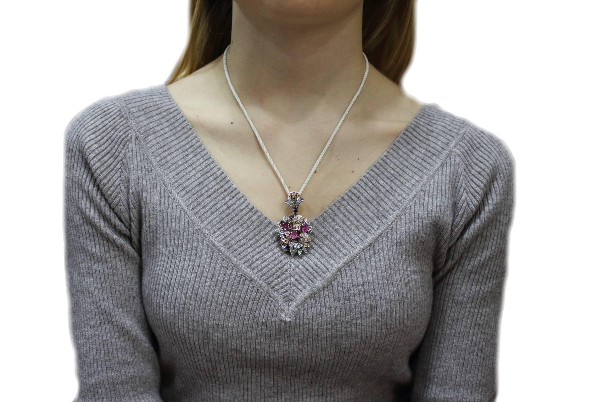  Multi Stones Rubies, Emeralds, Sapphires Rose Gold and Silver Pendant Necklace  2