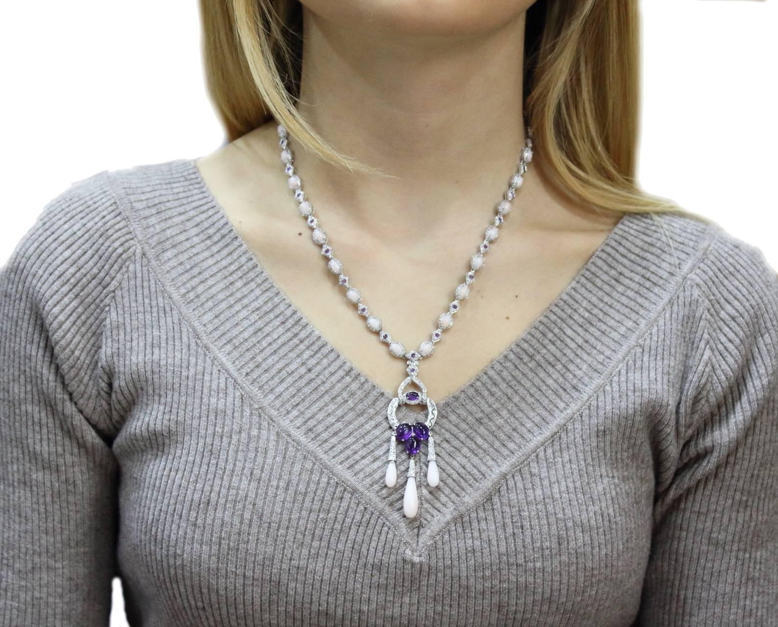 Diamonds, Amethysts, Pink Coral  Buttons and Drops, White Gold Link Retrò Necklace 1