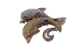KT 1, 25 Ruby Sapphire KT 3, 60 Diamond Gold and Silver Dolphins Brooch Pendant