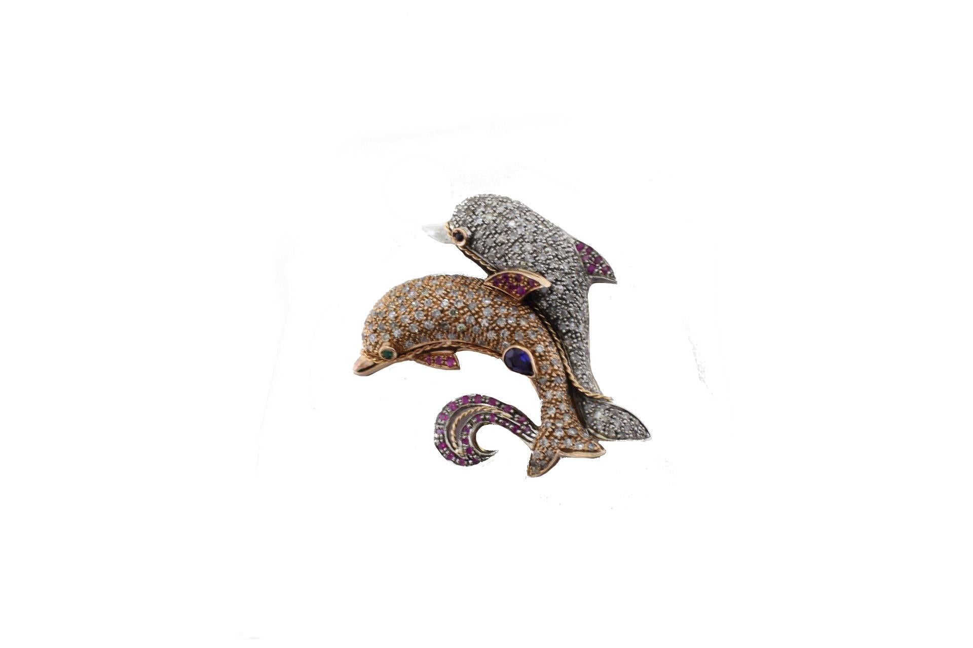 Retro  KT 1, 25 Ruby Sapphire KT 3, 60 Diamond Gold and Silver Dolphins Brooch Pendant