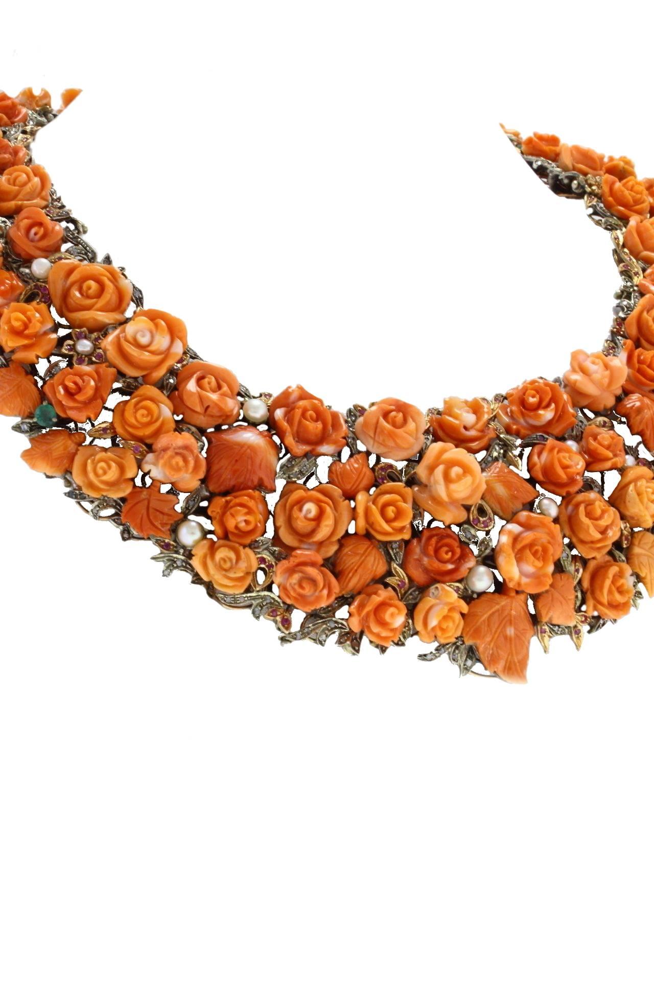Retro  Coral Rose Pearl Diamond Choker Necklace