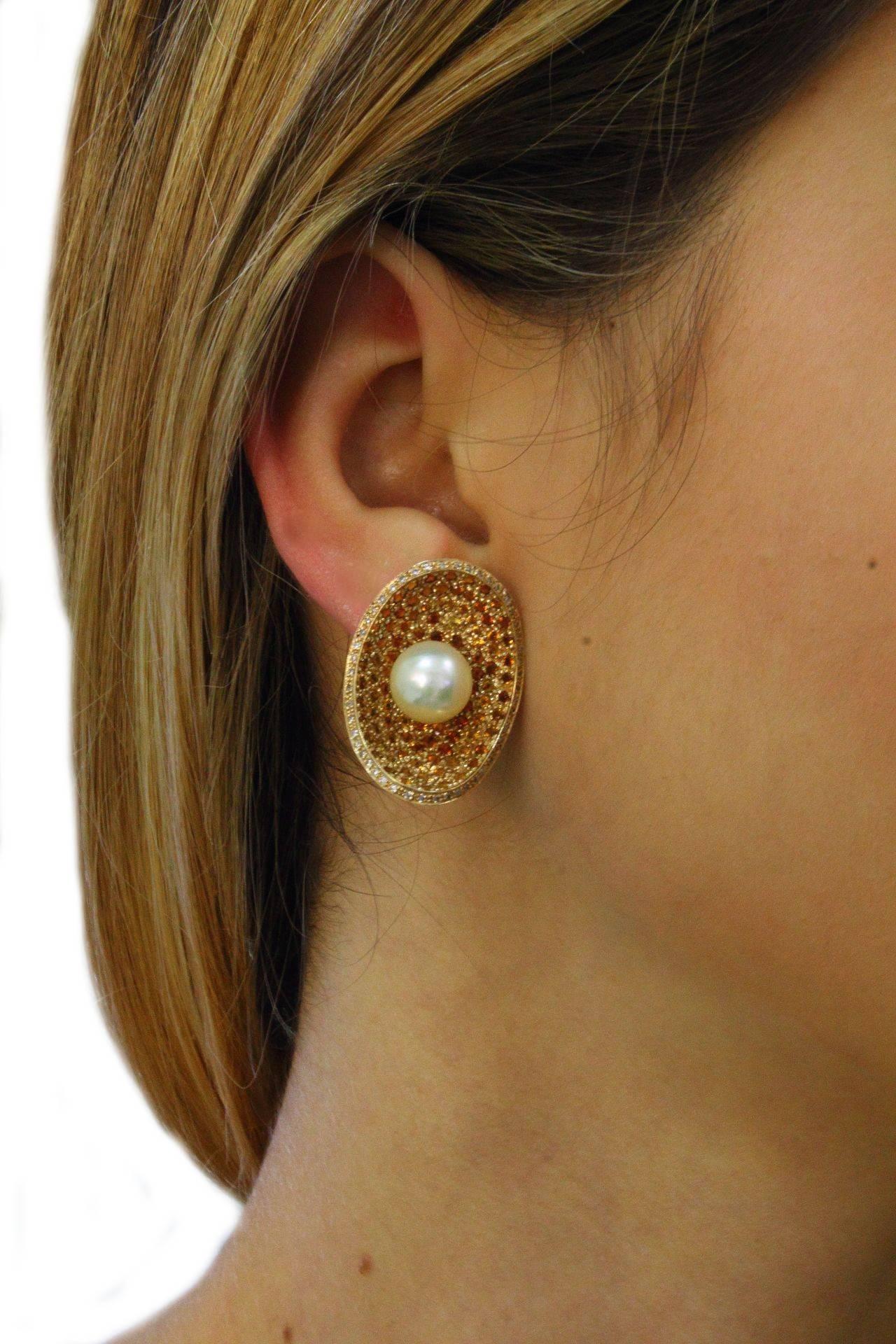  KT 4, 35 Topaz, Pearl, Diamond  Gold Earrings In Good Condition In Marcianise, Marcianise (CE)