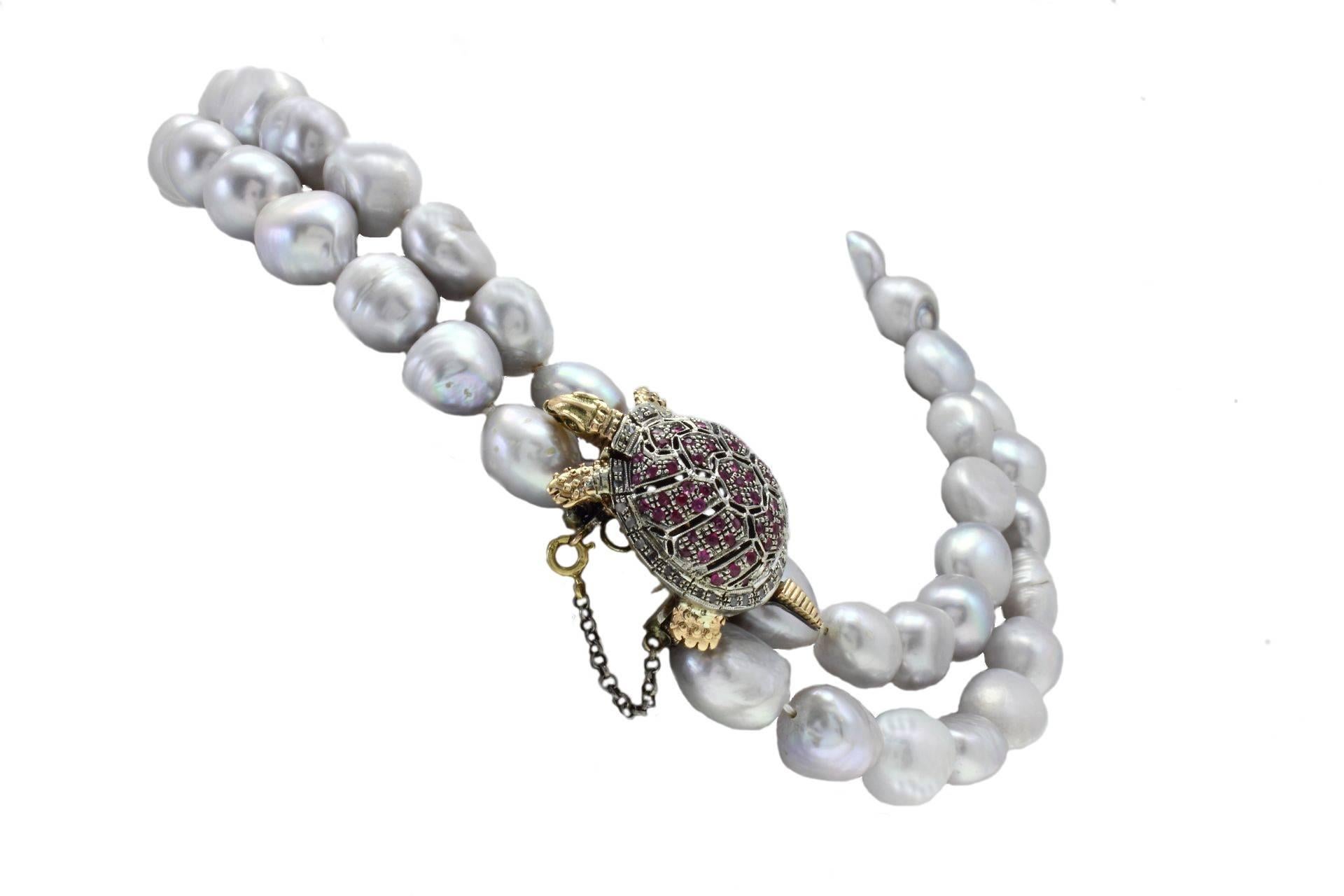 Retro Luise Pearl Rubies Diamonds Turtle Clasp Necklace