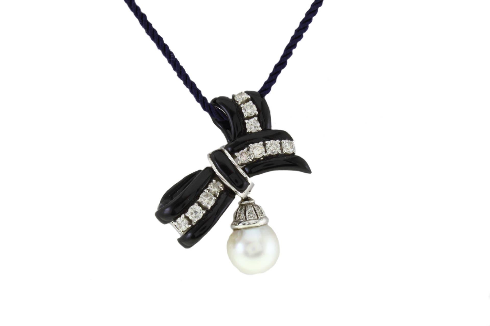 Brilliant Cut KT 2, 44 Diamond, Australian Pearl Onyx Ribbon Brooch  Gold  Pendant