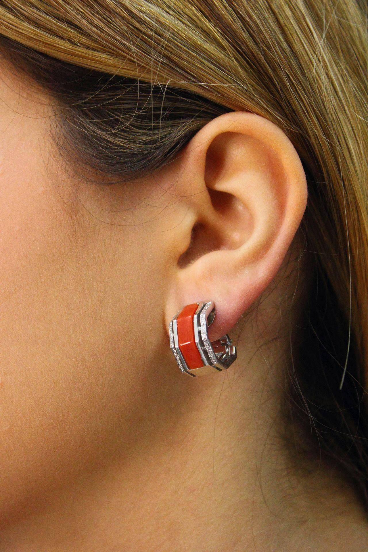 Retro White Diamonds, Red Coral, 14K White Gold Clip-on Earrings For Sale