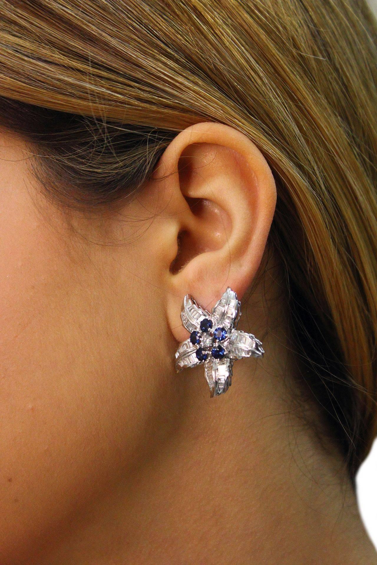  Baguette Cut Diamond Blue Sapphire Star Earrings For Sale 1