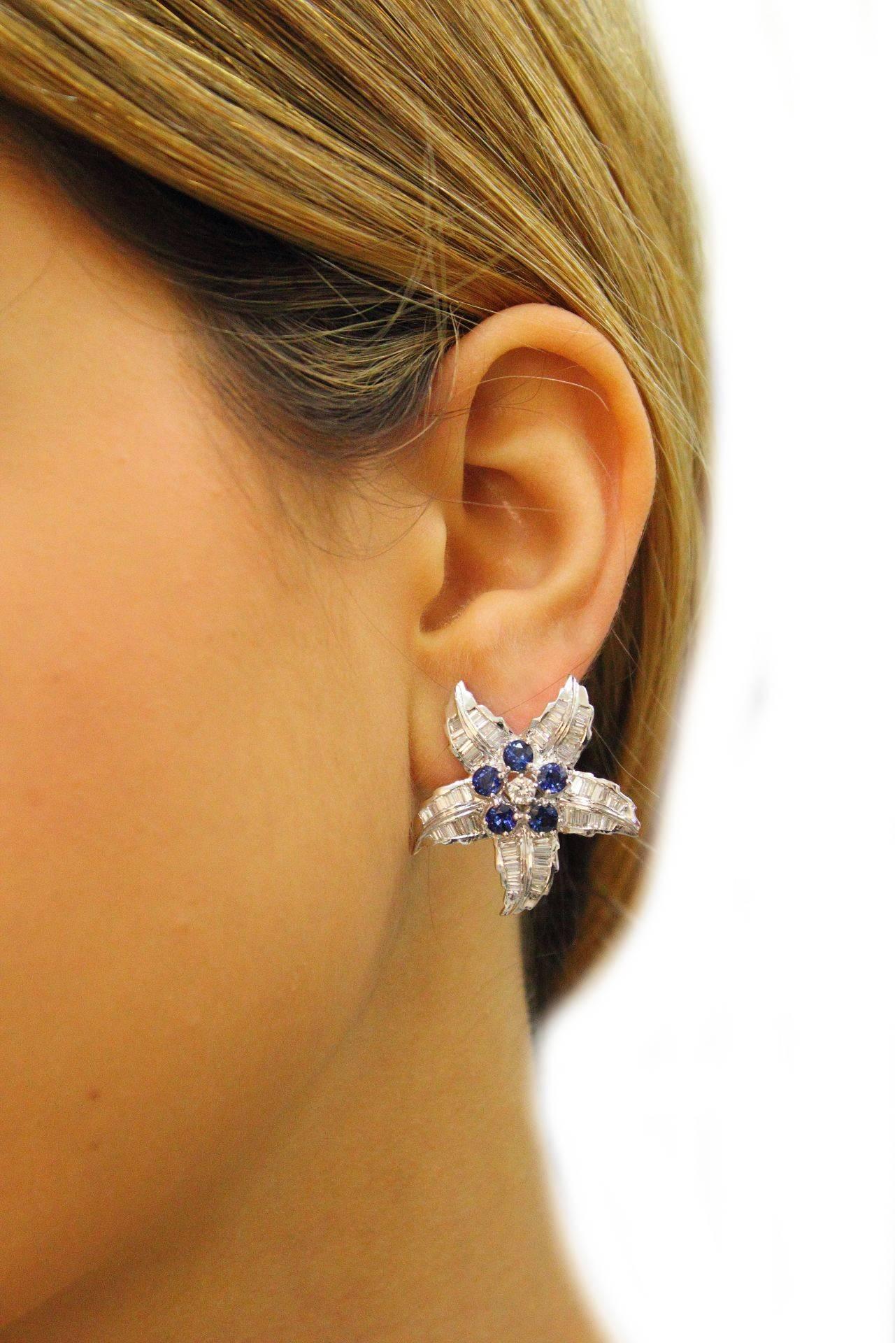  Baguette Cut Diamond Blue Sapphire Star Earrings For Sale 2