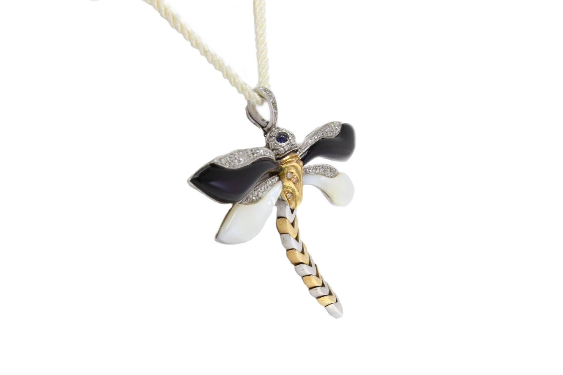 Retro  Gold Dragonfly Diamond Sapphire Onyx Mother-of-Pearl