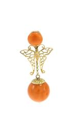 Orange Coral Spheres, Diamonds, Butterfly Shape in Yellow Gold, Drop Earrings