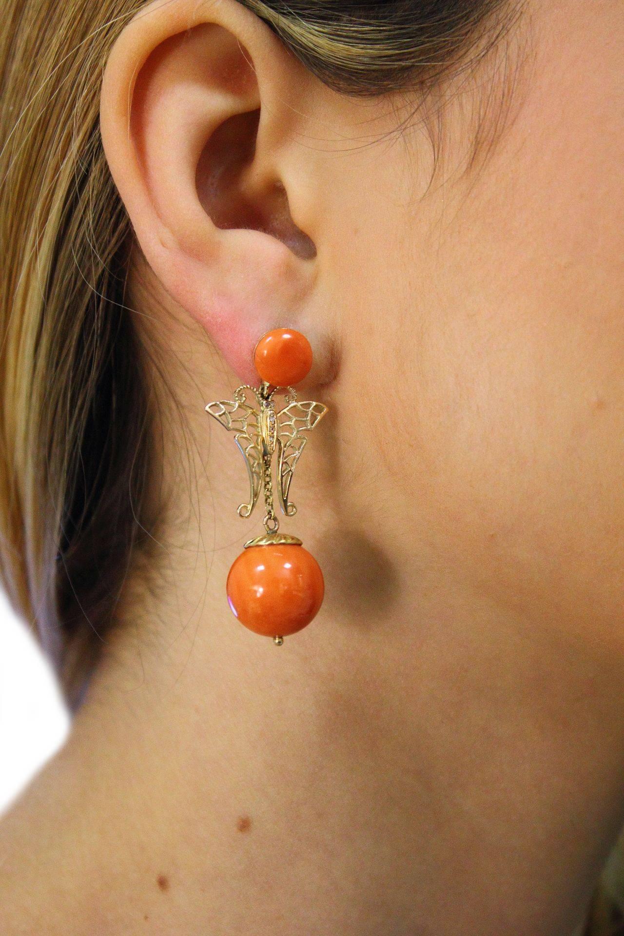 Mixed Cut Orange Coral Spheres, Diamonds, Butterfly Shape in Yellow Gold, Drop Earrings For Sale