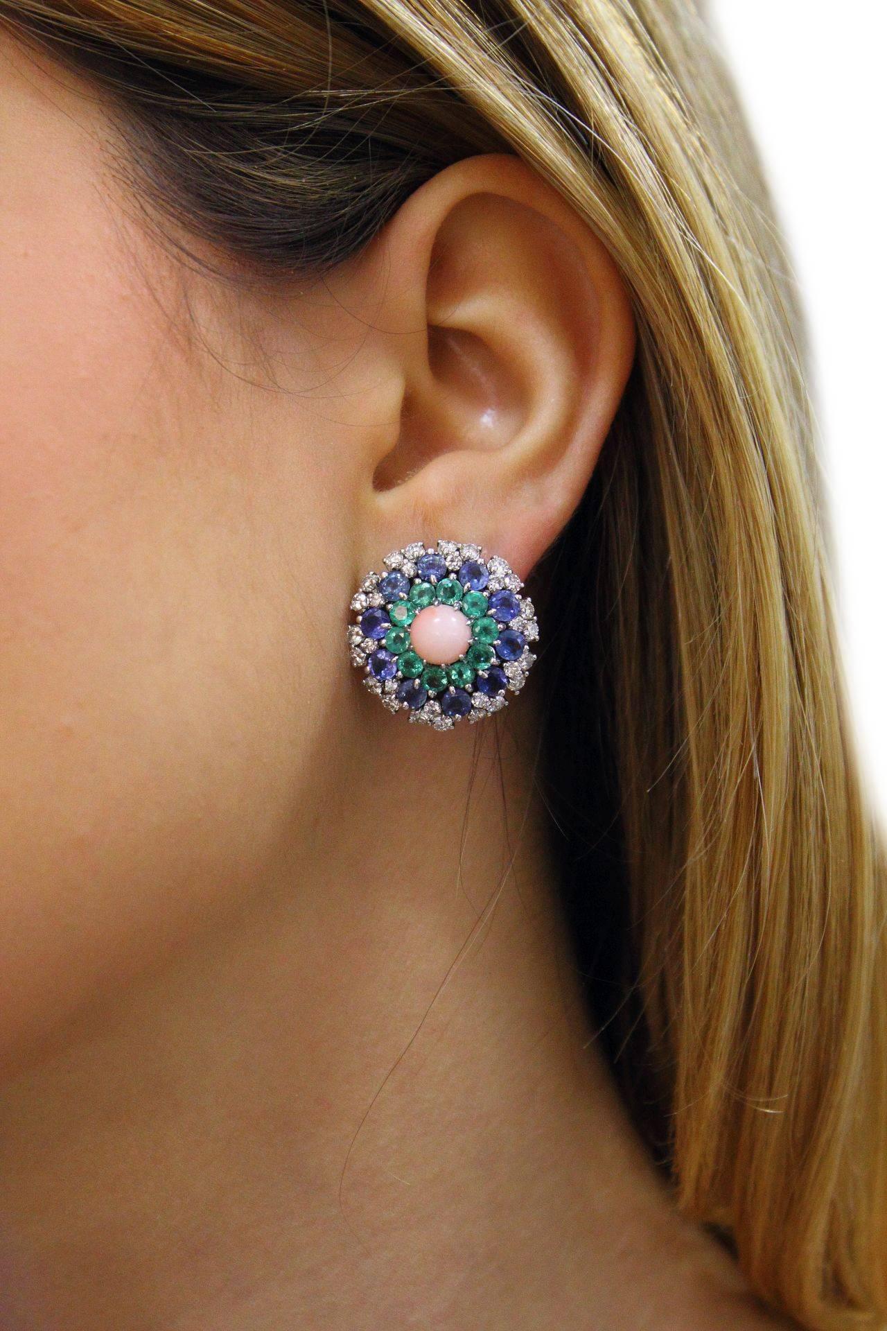 Brilliant Cut White Diamonds, Blue Sapphires, Emeralds, Pink Coral White Gold Stud Earrings For Sale