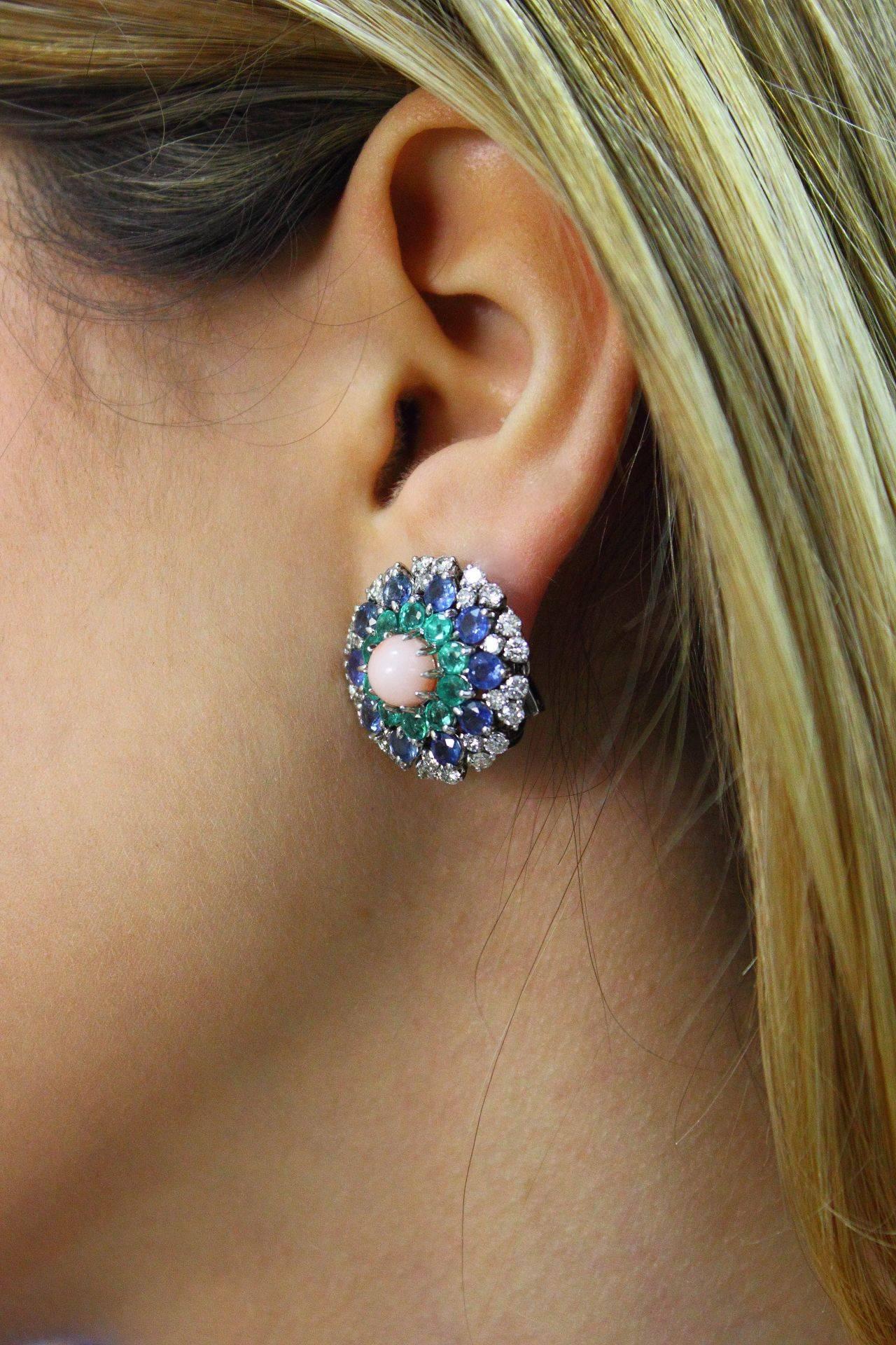 Women's White Diamonds, Blue Sapphires, Emeralds, Pink Coral White Gold Stud Earrings For Sale