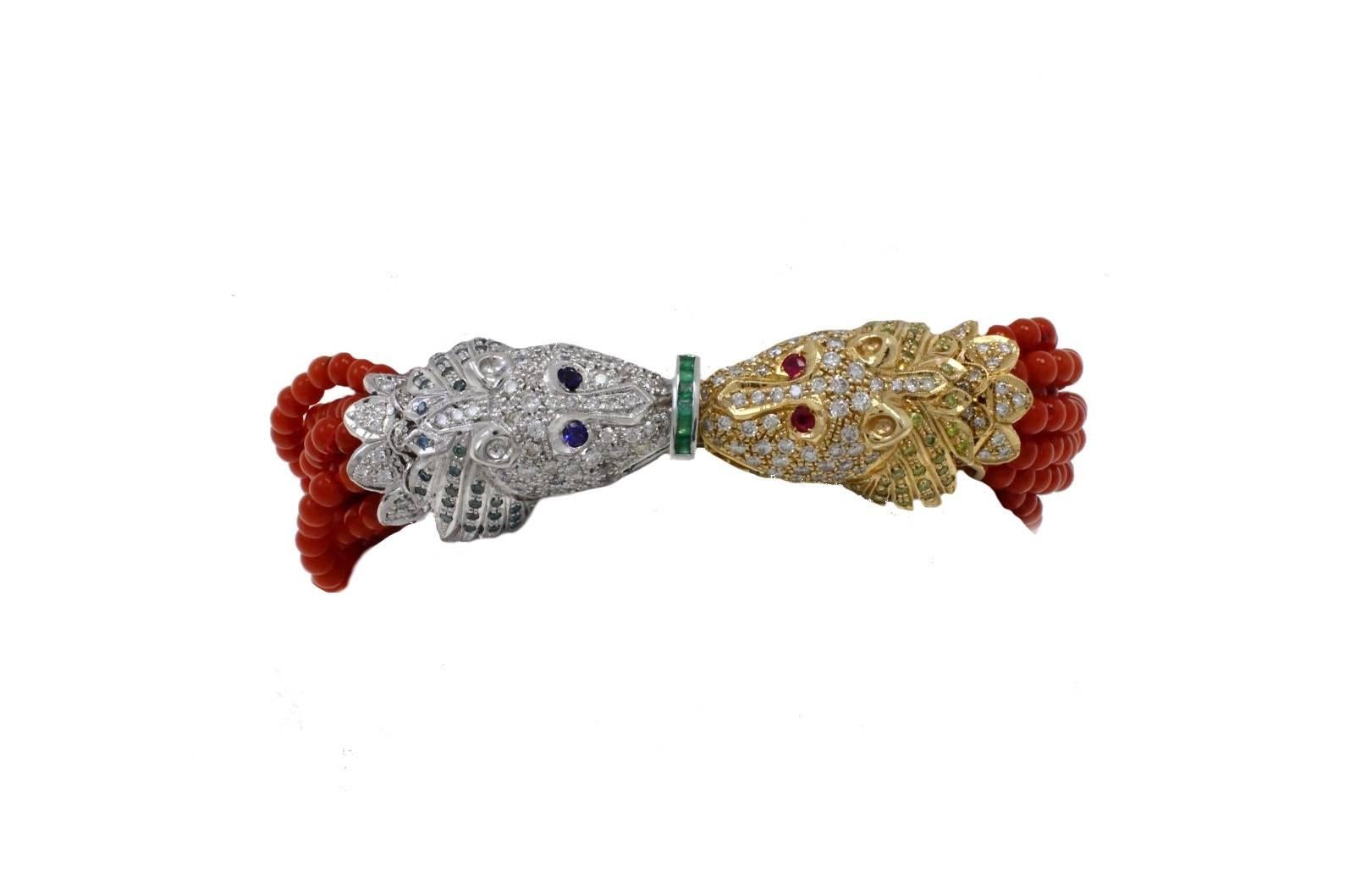 Emeralds, Rubies, Sapphires, Diamonds, Red Beaded Corals, Gold Twist Bracelet In Good Condition In Marcianise, Marcianise (CE)