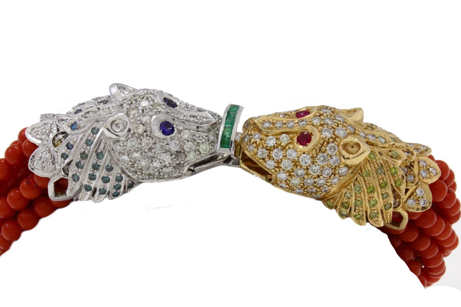 Women's Emeralds, Rubies, Sapphires, Diamonds, Red Beaded Corals, Gold Twist Bracelet