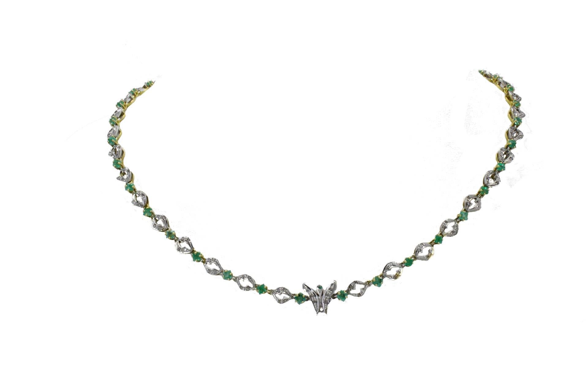 Retro Emerald Diamond Gold Brooch Necklace