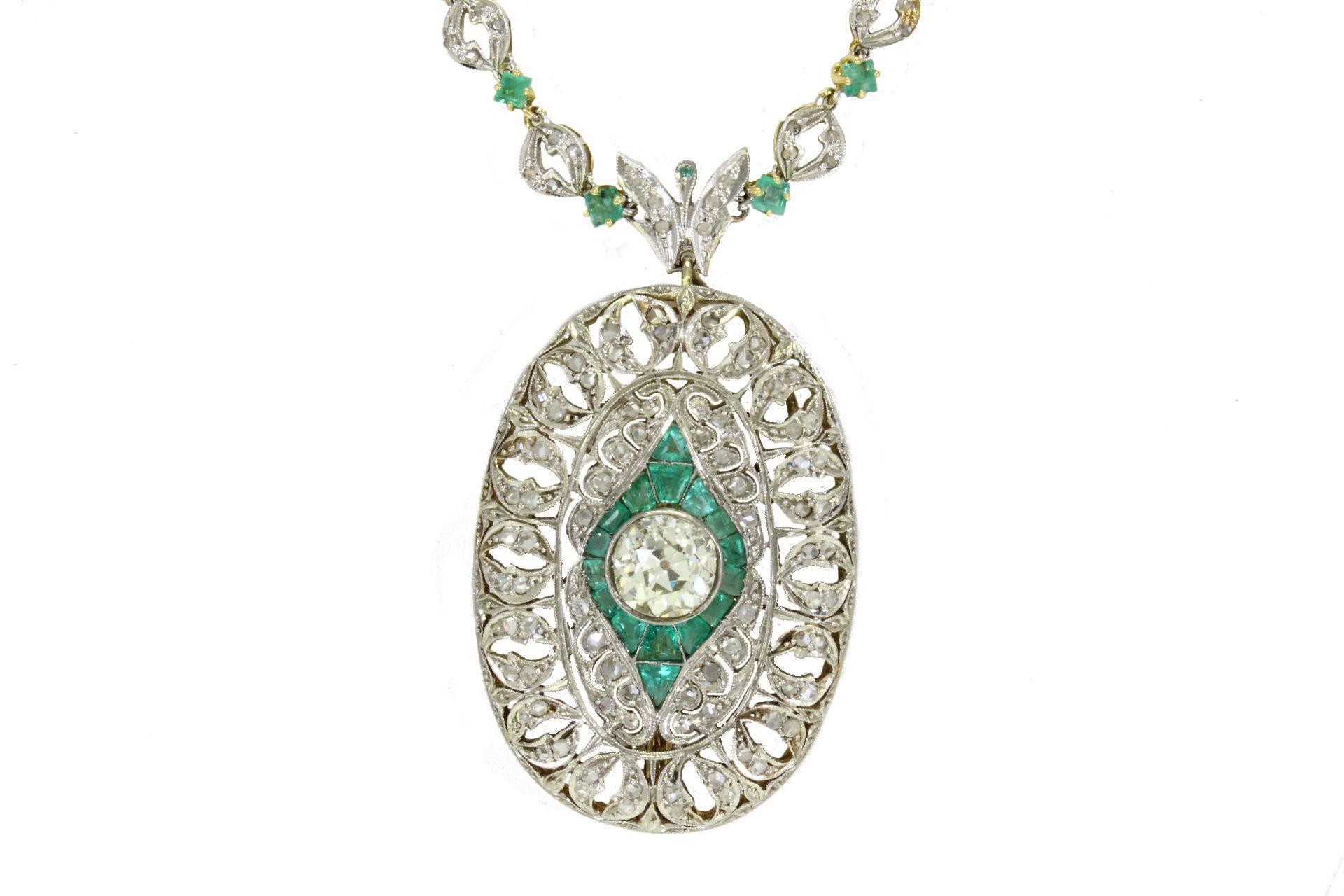 Emerald Diamond Gold Brooch Necklace