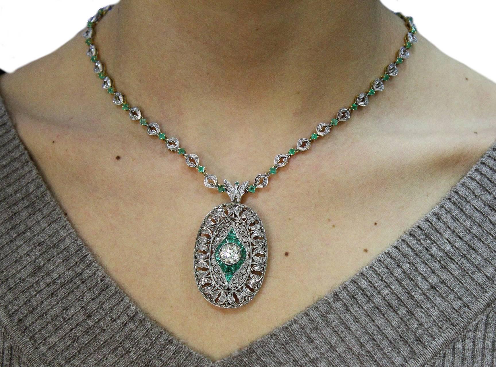 Emerald Diamond Gold Brooch Necklace 1