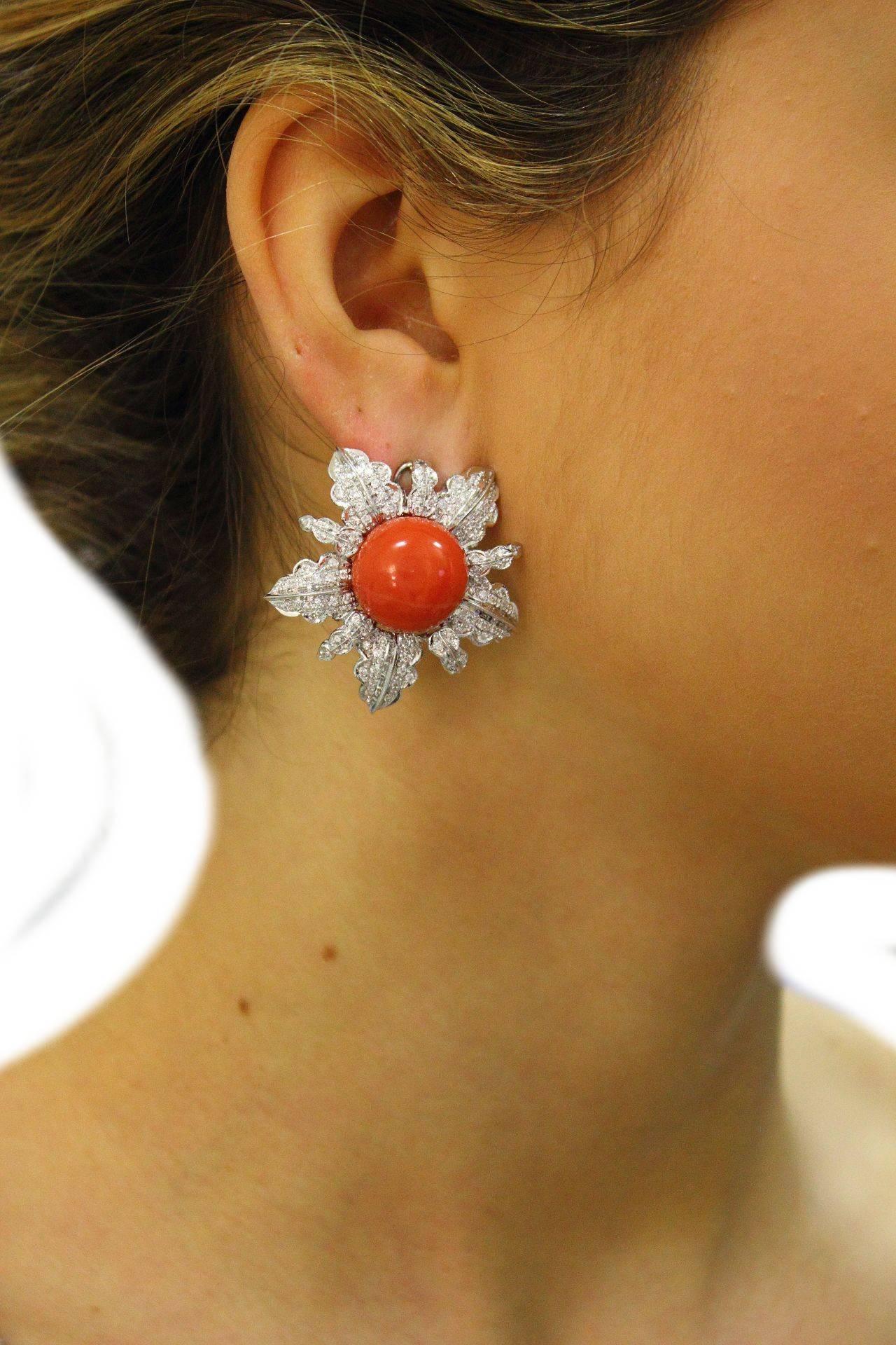 Retro White Diamonds, Red Coral Buttons, 18K White Gold Clip-on Earrings