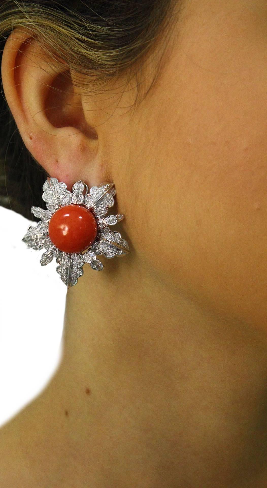Round Cut White Diamonds, Red Coral Buttons, 18K White Gold Clip-on Earrings