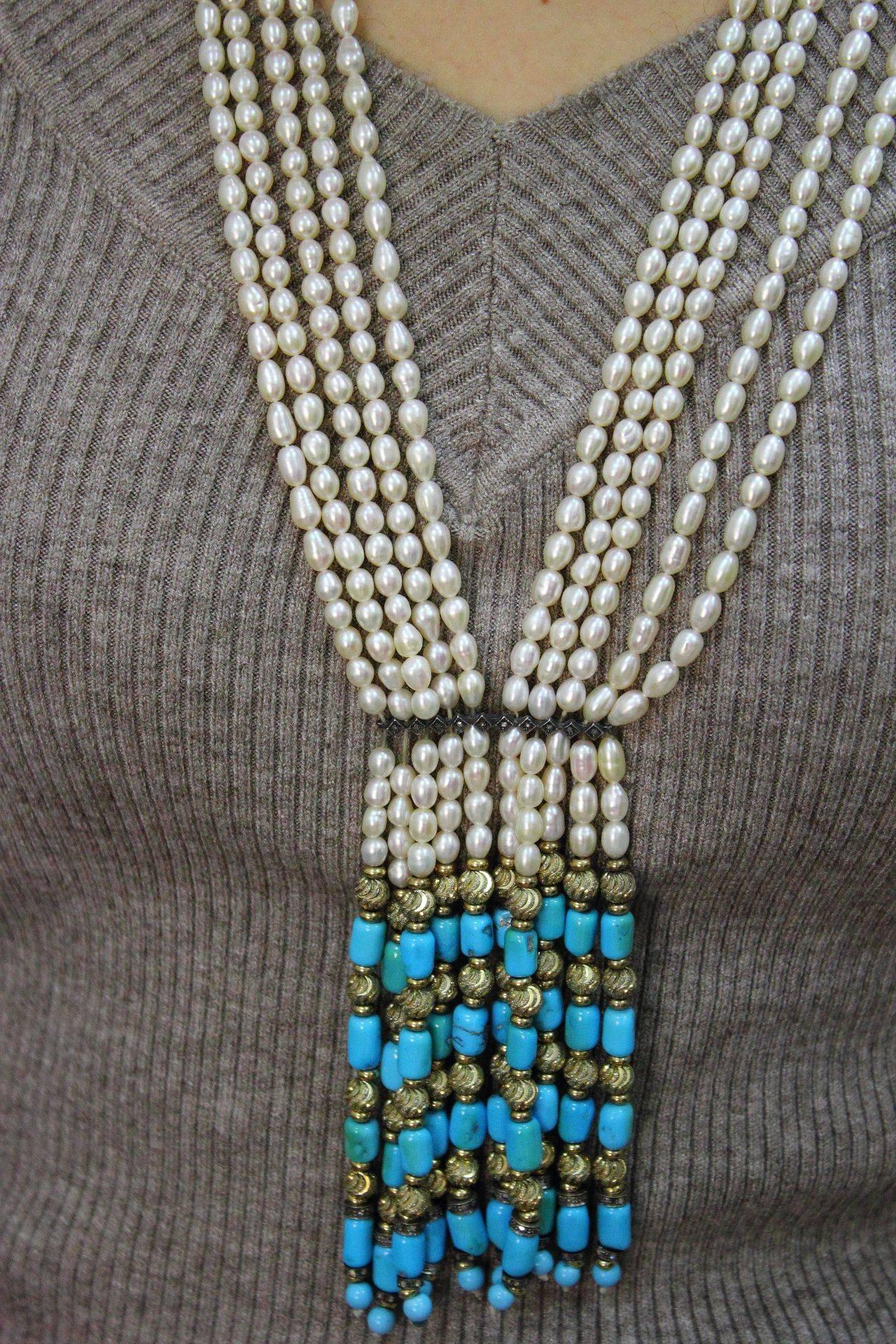 Women's or Men's Luise Gold Diamond Pearl Turquoise Necklace