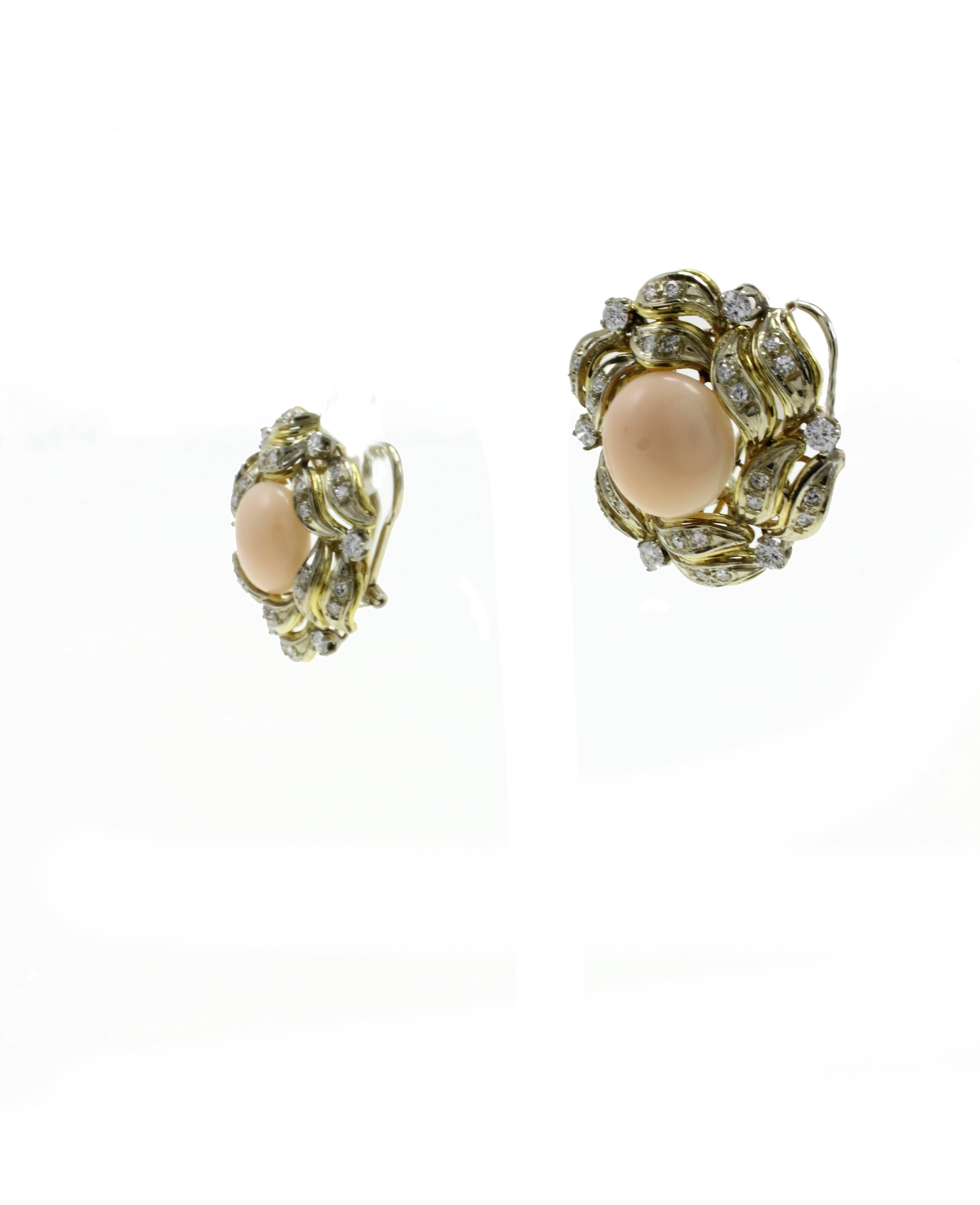 Retro White Diamonds, Pink Coral Buttons, 18K Yellow Gold Clip-on Earrings