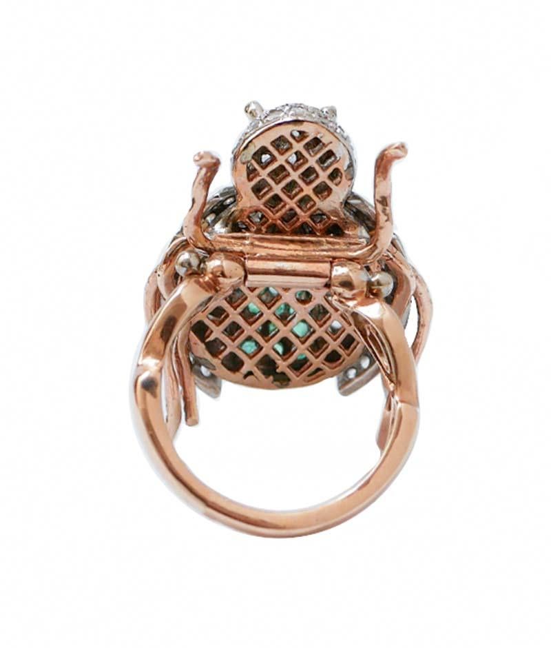 Rétro Smeraldi, diamanti, oro rosa e argento Anello a forma di coccinella in vendita