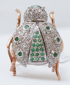 Esmeraldas, Diamantes, Oro Rosa y Plata Anillo en Forma de Mariquita