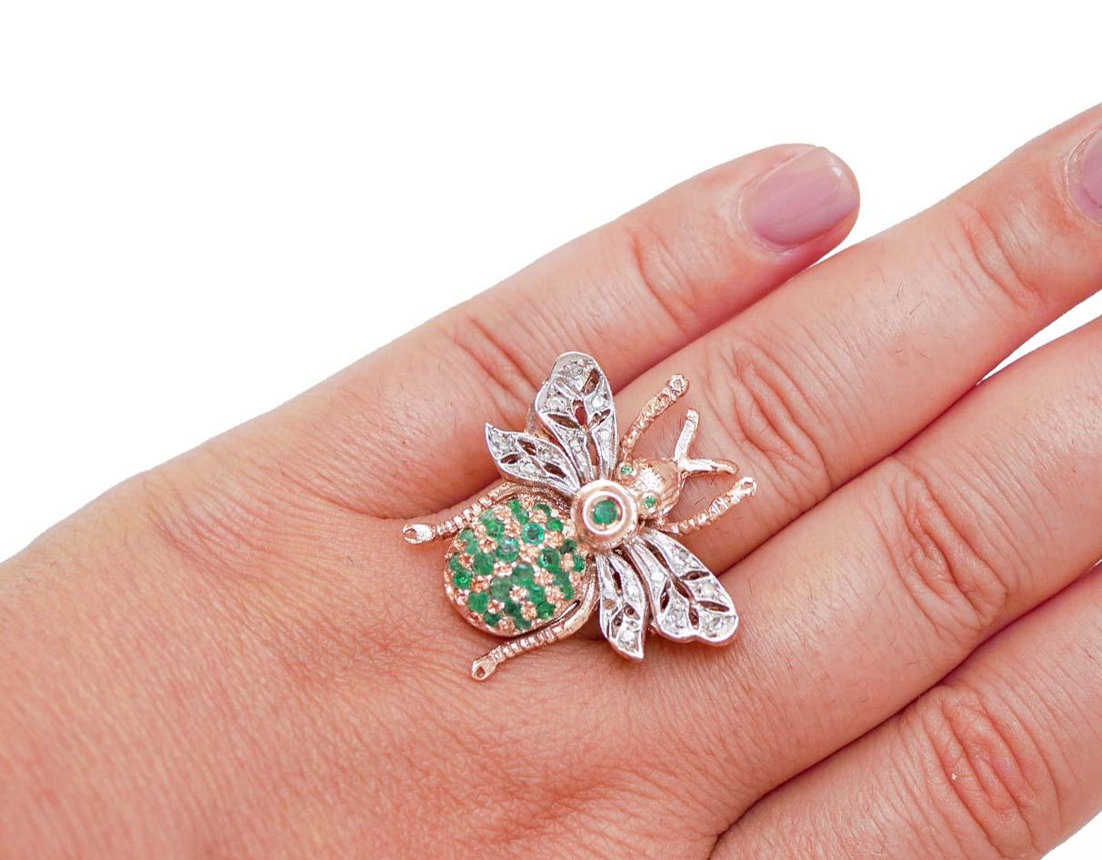 Smeraldi, diamanti, tsavorite, oro rosa e argento Forma della mosca  Anello. In condizioni Nuovo in vendita a Marcianise, Marcianise (CE)