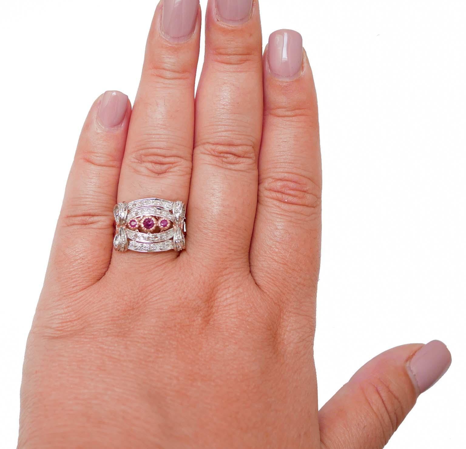 Taglio misto Anello con rubini, diamanti, oro rosa e argento. in vendita