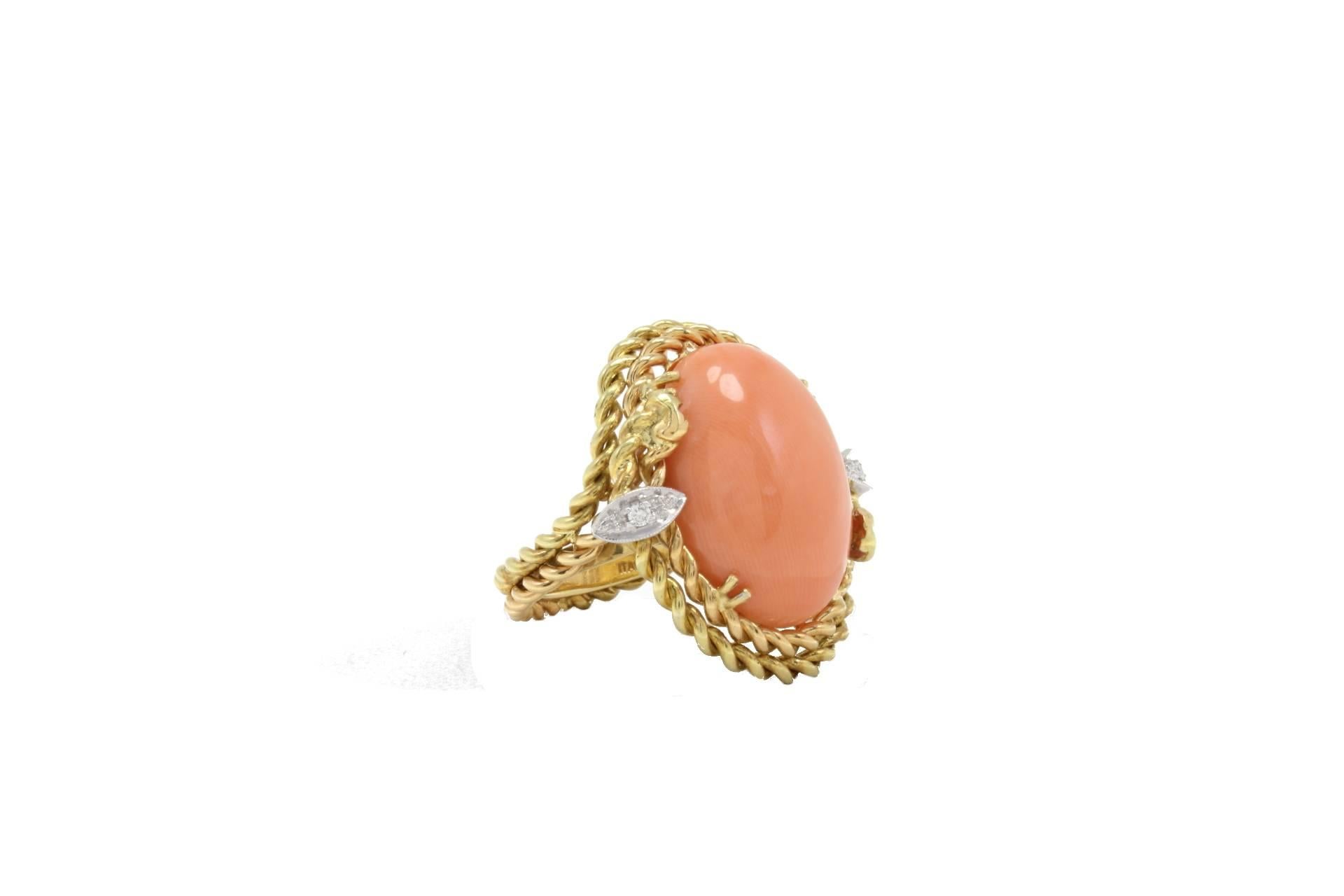 Retro Orange Coral Button, Diamonds, 18K Yellow Gold Dome Ring For Sale