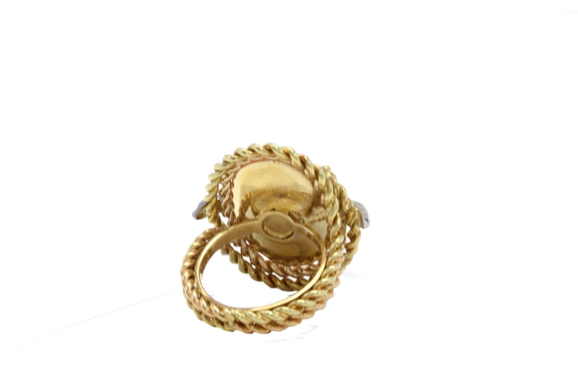 Brilliant Cut Orange Coral Button, Diamonds, 18K Yellow Gold Dome Ring For Sale