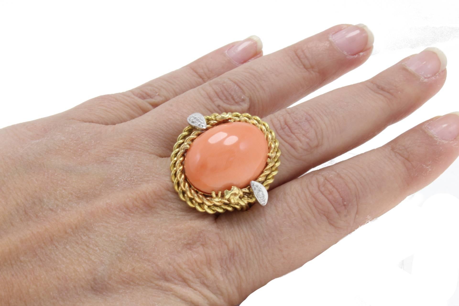 Women's Orange Coral Button, Diamonds, 18K Yellow Gold Dome Ring For Sale